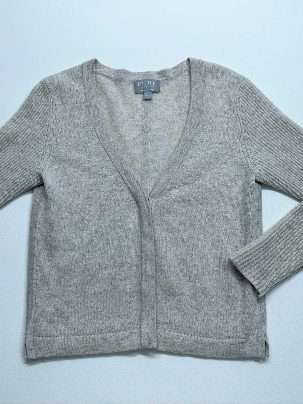 PURE Collection Cashmere Button Up Sweater Womens 6 Beige/Gray Hidden Buttons